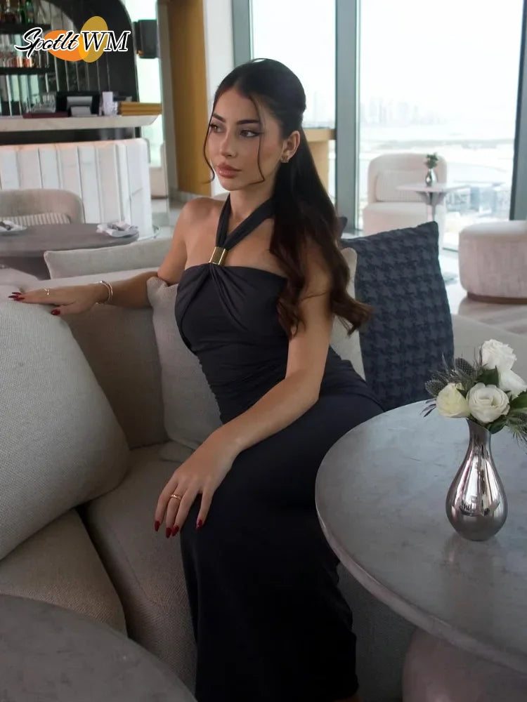 Elegant Sleeveless Backless Solid Color Midi Vestidos Woman Fashion Metal Ring Pleat Long Dresses New Summer Slim Fit Lady Robes