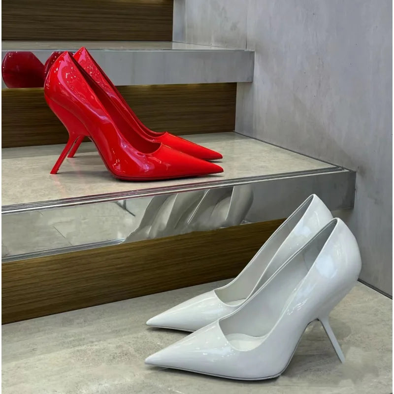 2025 New Style Women's High Heels Shoes Patent leather Pointed Toe Solid Color Night Club Party Shoes Femme Summer Half Slippers WHITE