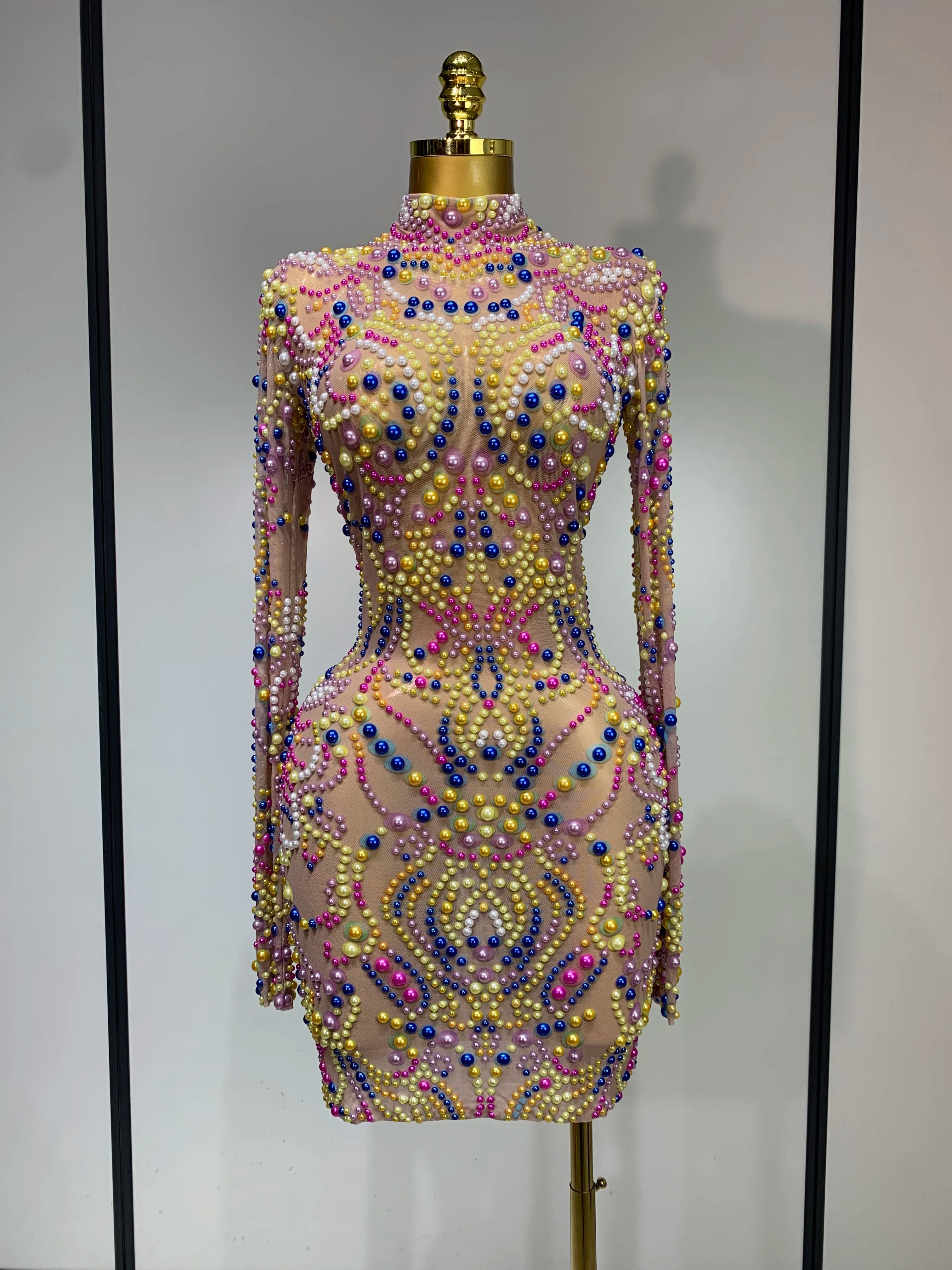 Women Sexy Transparent Mesh Stage Performance Costume Dancer Singer Nightclub Elagant Evening Party Luxury Birthday Dress MULTI