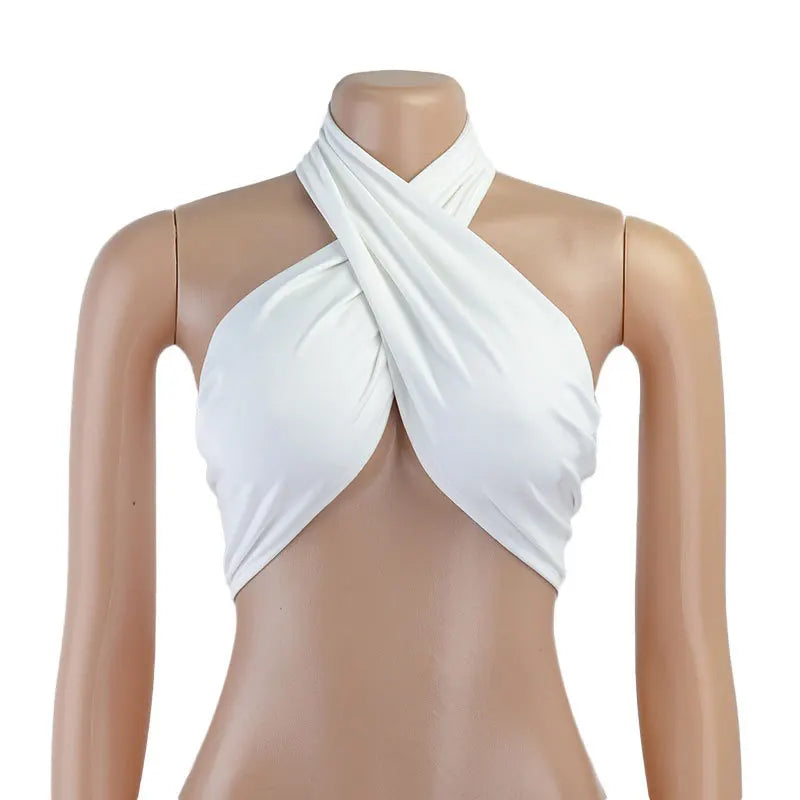 Sexy Tank Top Cross Wrap Off The Shoulder Halter Crop Tops Women Backless Cami Fashion Tube Top Female Sleeveless Cropped Vest WHITE