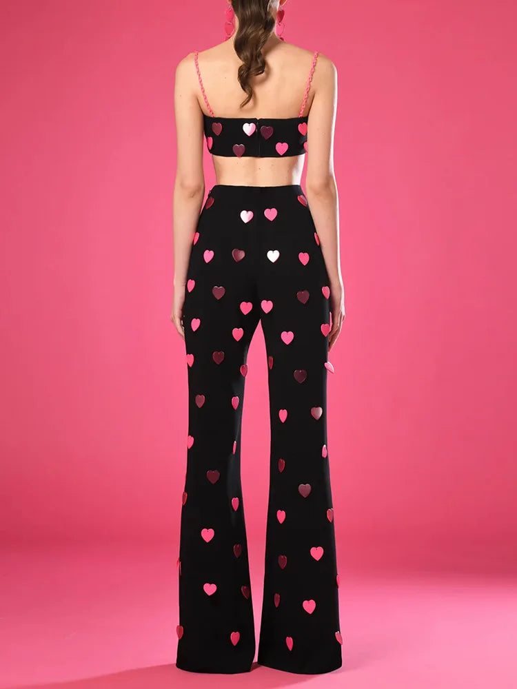2025 New Spring Women Sexy Sleeveless Heart Sequined Strap Tops Straight Women's set Girls' Birthday Party Fashion Wear