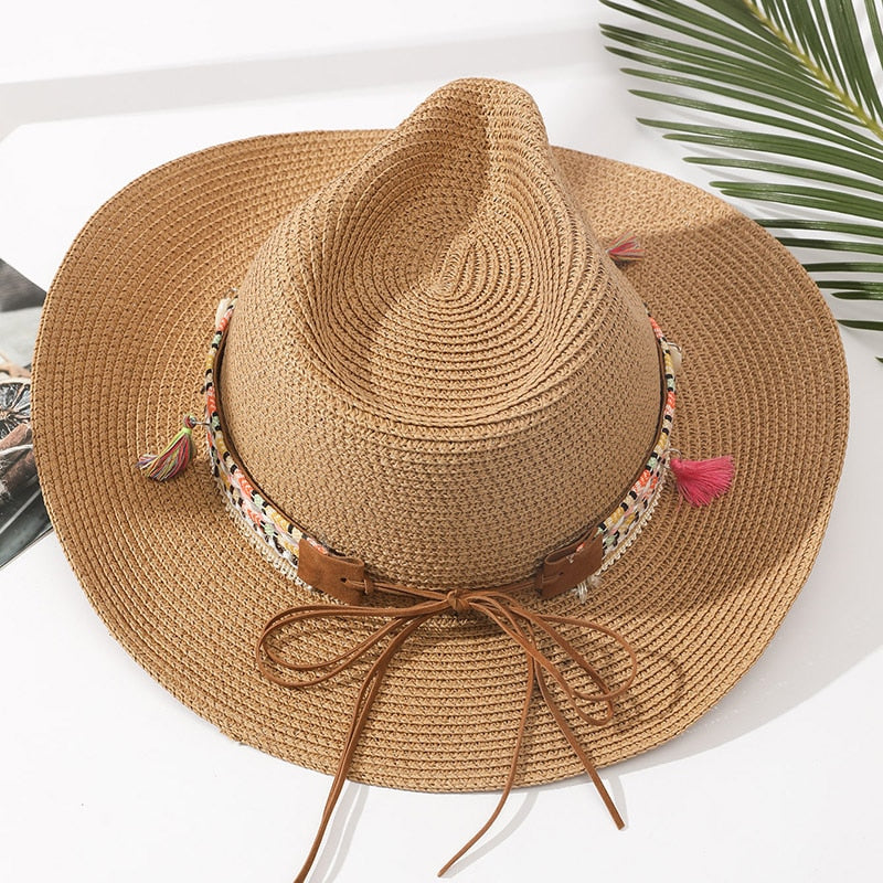 Wholesale Women Pink Tassel Cowboy Hat Floppy Beach Hats Summer Straw Hats Ladies UV Protection Hat Panama Sun Hat