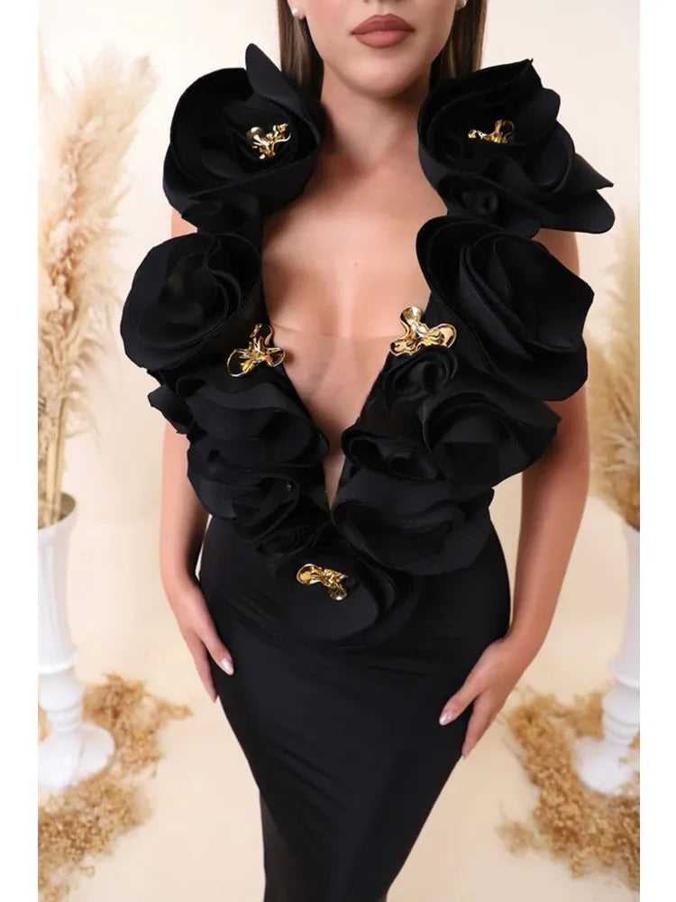 Chic Women Celebrity Sexy Deep V Neck Flower Black Maxi Long Bandage Bodycon Dress 2025 Elegant Evening Club Party Outfit