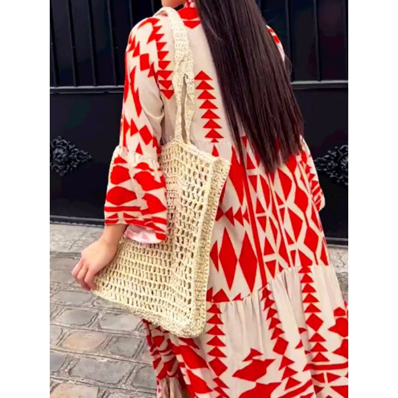 Women Print Shirt Maxi Dress Summer Vintage Boho Long Sleeve Pleated Dress Ladies Oversize Loose Buttons V Neck Dress Vestido