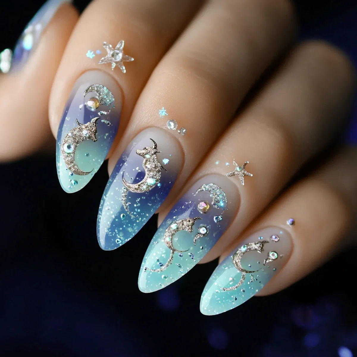 Medium fake nails for women gilrs gradient blue pink starry sky star moon Y2K design Almond nail tips press on false nail set 2253