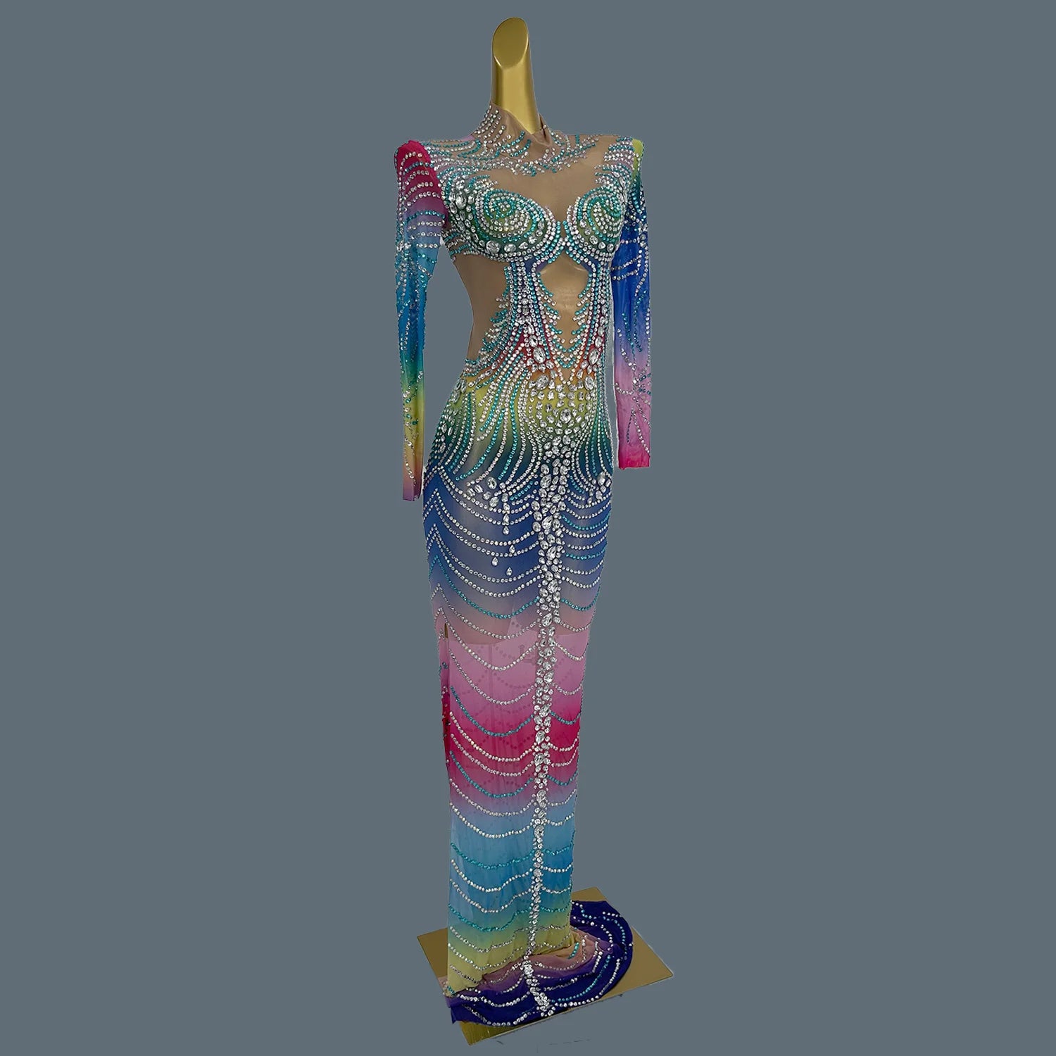 New Long Festival Dress Women Luxury Colorful Rhinestones Evening Celebrate Bithday Party Gown for Special Events Lanshuixing