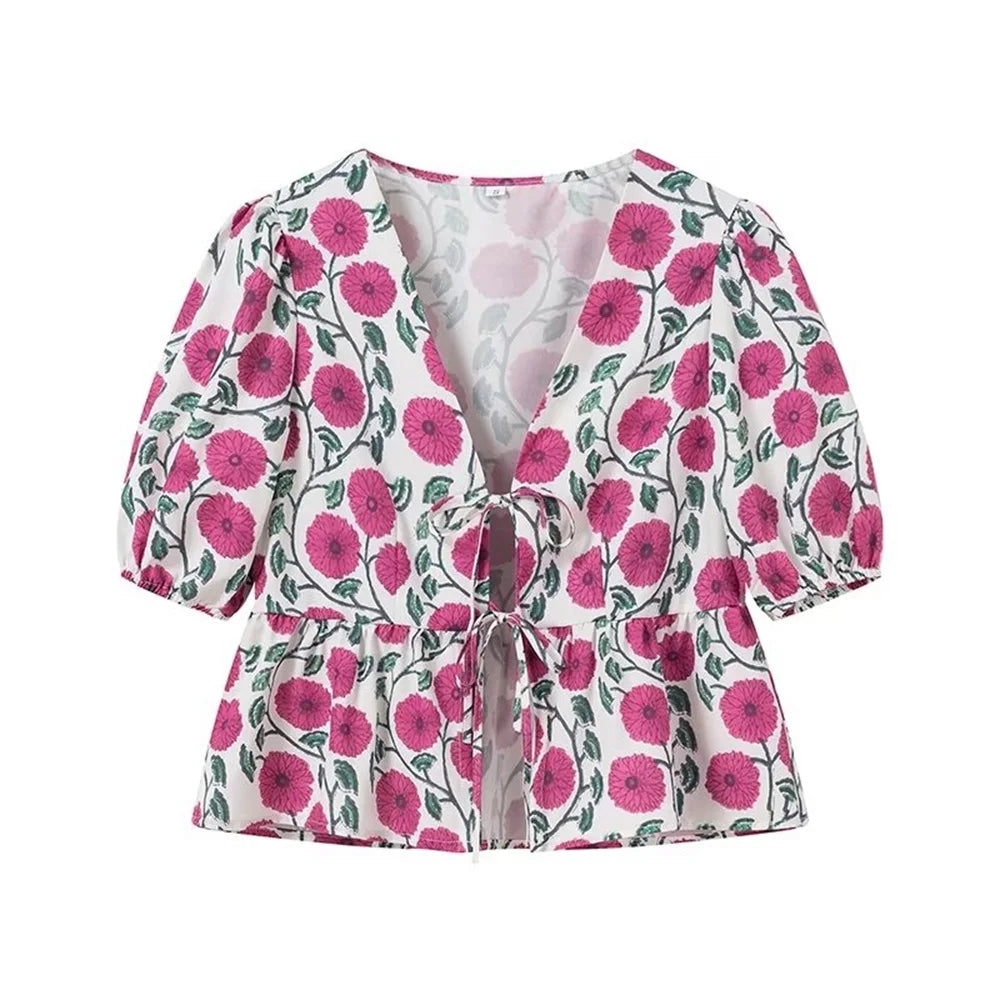 Zach Ailsa Summer New Women's Fashion Versatile V-neck Short sleeved Printed Shirt High Waist Wrap Hip Skirt Set Red