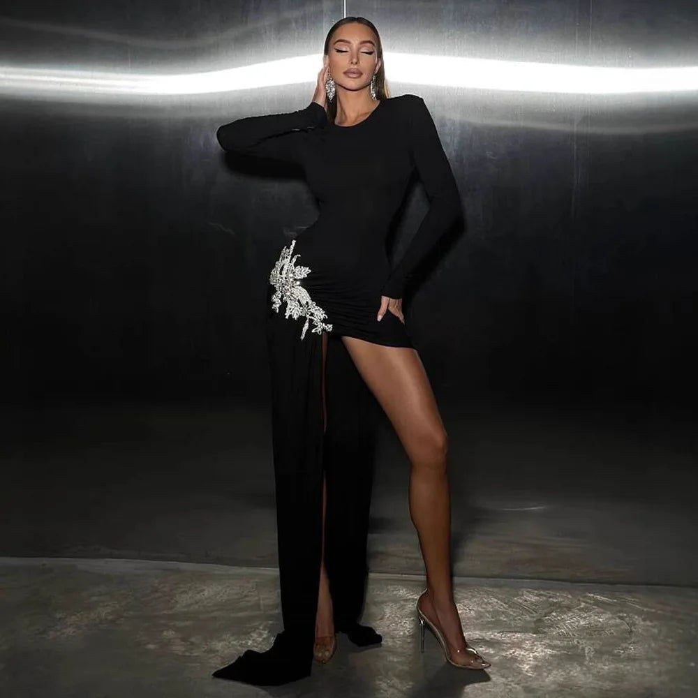 Black Color Women Long Sleeve Sexy Shinning Diamond Draped Bodycon Mini Dress Bandage Fashion Nightclub Party Outfit black