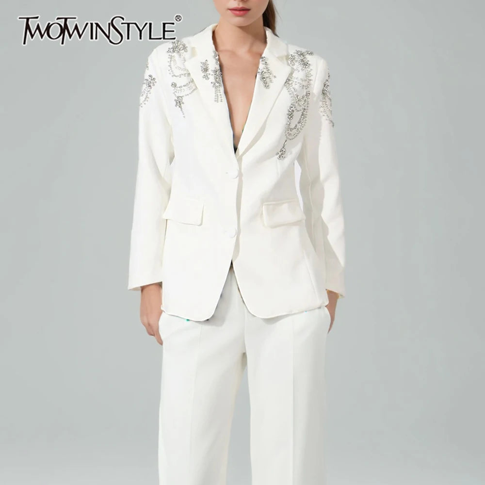 Solid Spliced Diamond Luxurious Jackets for Women Lapel Long Sleeve Patchwork Pocket Elegant Jacket Female Clothing