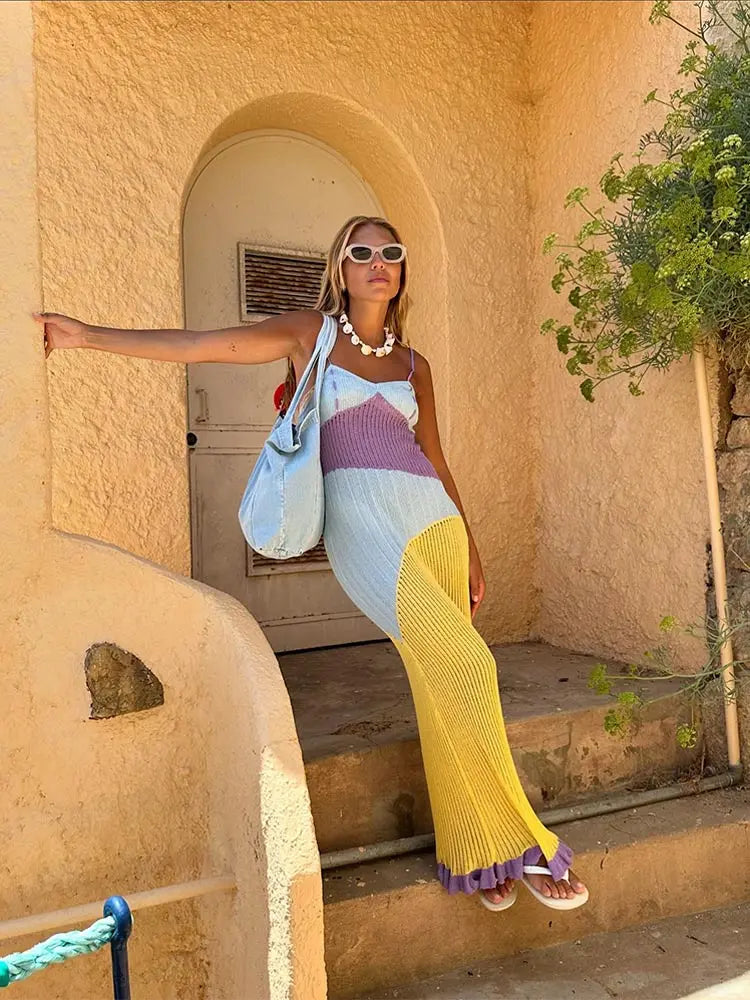 Contrast Color Patchwork Knit Dress Women Sexy Off Shoulder Sleeveless Long Dress Summer Lady Beach Holiday Party Vestidos Figure Color
