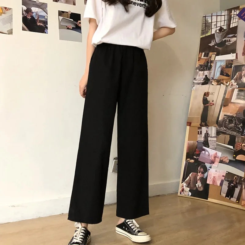 Korean Style Retro Pants Women Loose Casual Solid Color Straight Ankle-length Trousers Office Lady Versatile Sweatpants Female