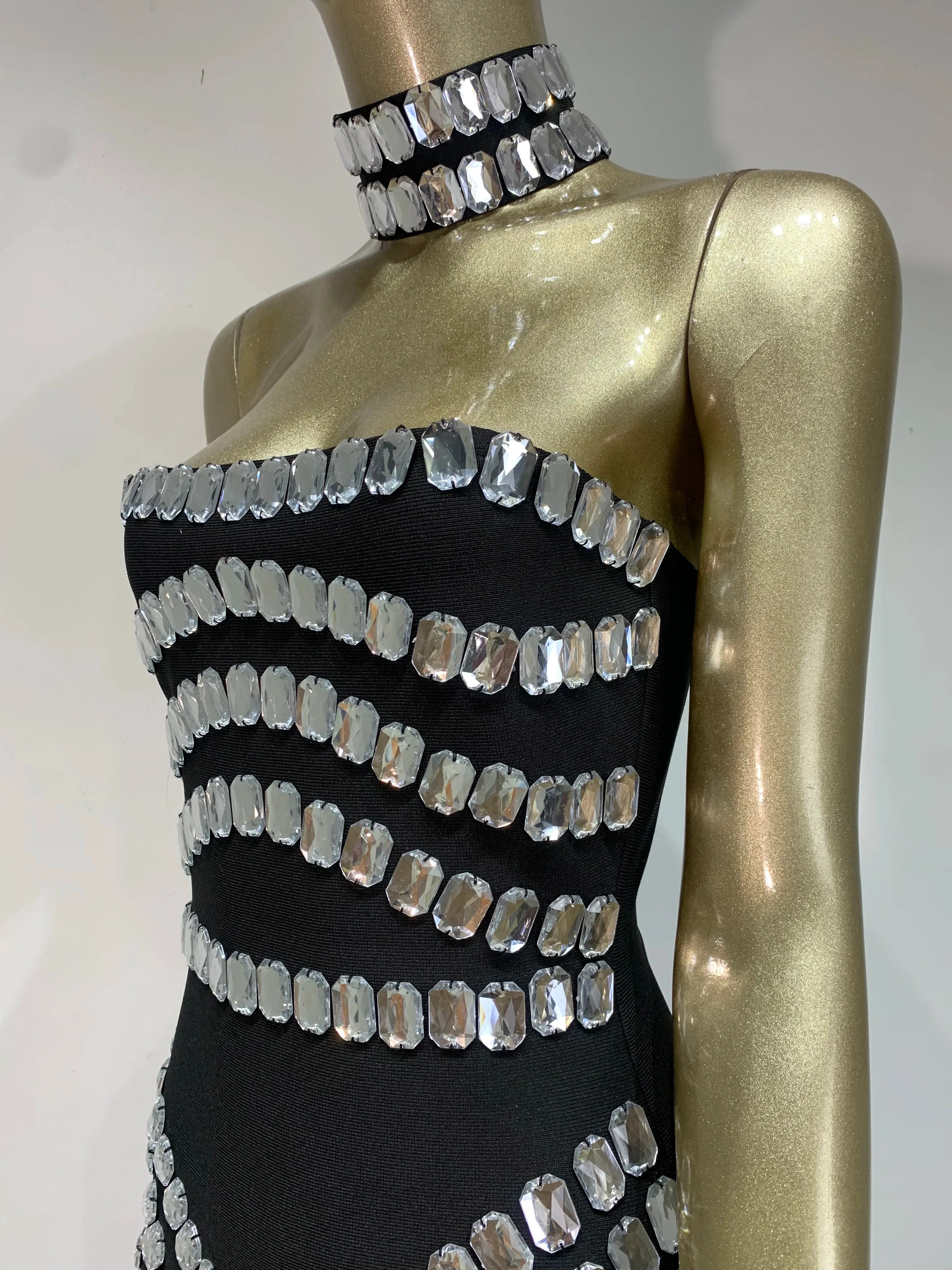 Women Summer Celebrity Sexy Strapless Beading Black Mini Bodycon Bandage Dress 2025 Elegant Evening Club Party Dress