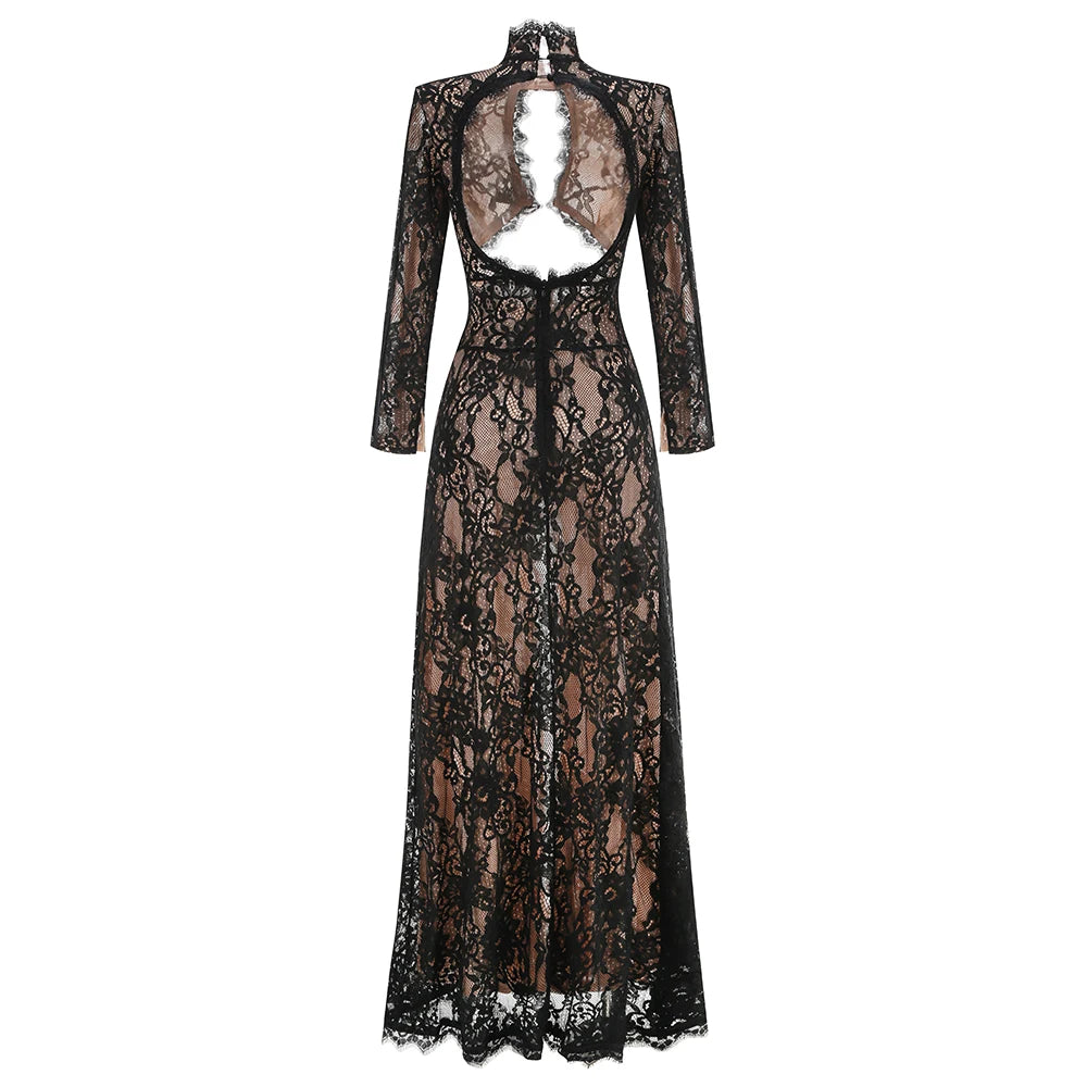 Women Long Sleeve Sexy Lace Fashion Keyhole Bodycon Long Maxi Dress Celebrate Nightclub Party Birthday Outfit black