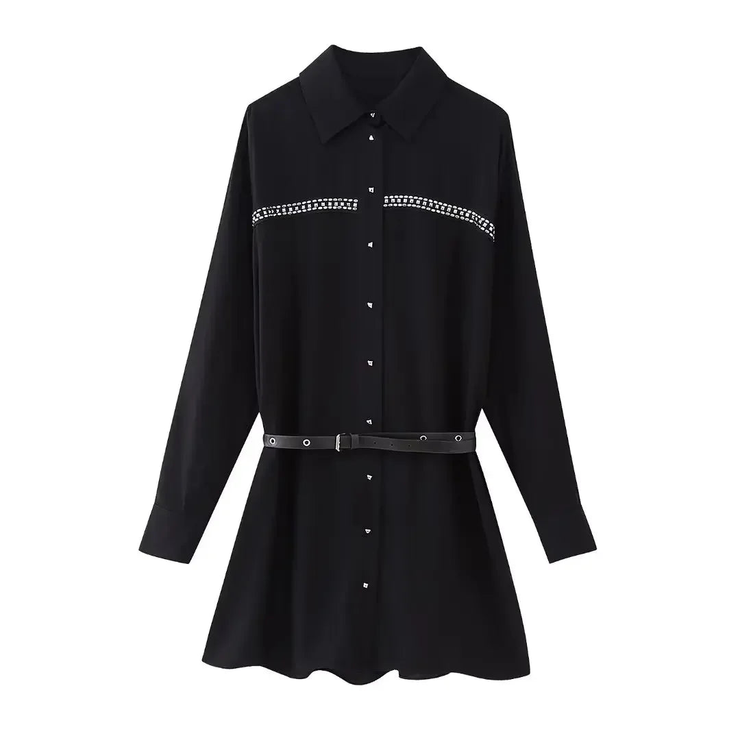 Women Fashion With Belt Black Single Breasted Midi Dress Vintage Lapel Neck Long Sleeves Female Chic Lady Dresses Black