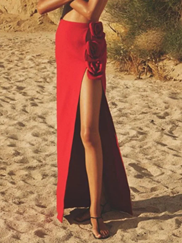 Summer Women Black Red Flower Bodycon Bandage Skirt Designer High Waist Party Office Lady Elegant Split Skirt Red