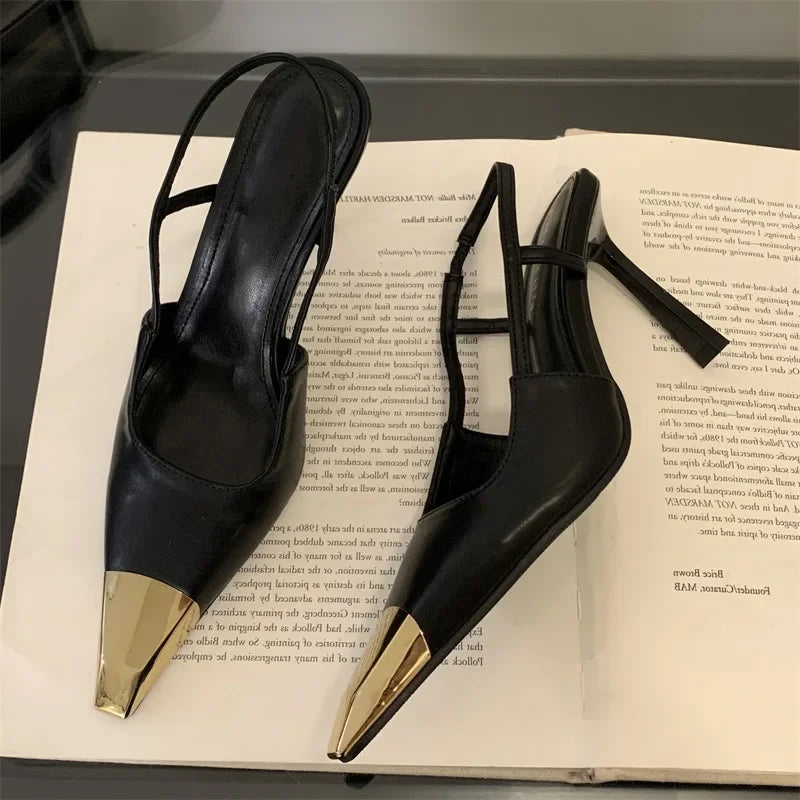 Eilyken Street Style Pointed Toe Women Pumps Fashion Slingbacks Thin High Heels Elegant Stripper Prom Ladies Sandals Shoes PU Black 9CM