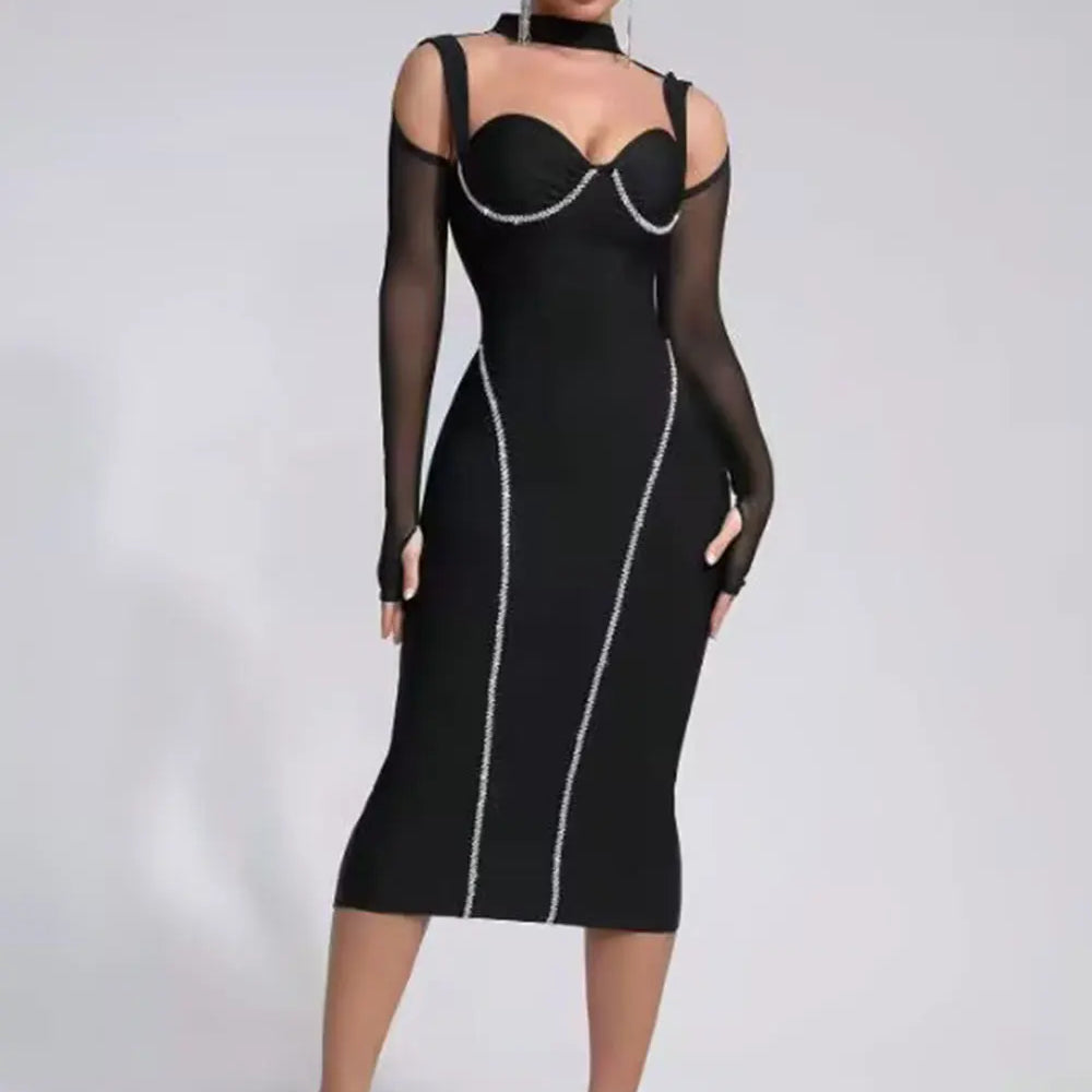 2025 Sexy Women's Light Luxury Nail Diamond Bandage Dress O-neck Long Sleeve Hollow Design Bodycon Midi Dress Party Vestidos