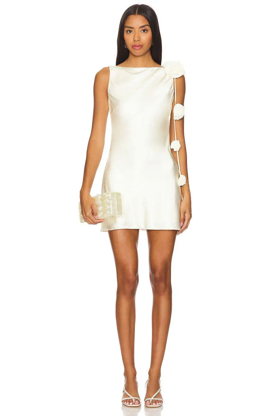 New Summer Women Sexy Satin Backless Florals Bodycon Mini Dress Nightclub Party Celebrate Birthday Fashion COcktail Outfit WHITE