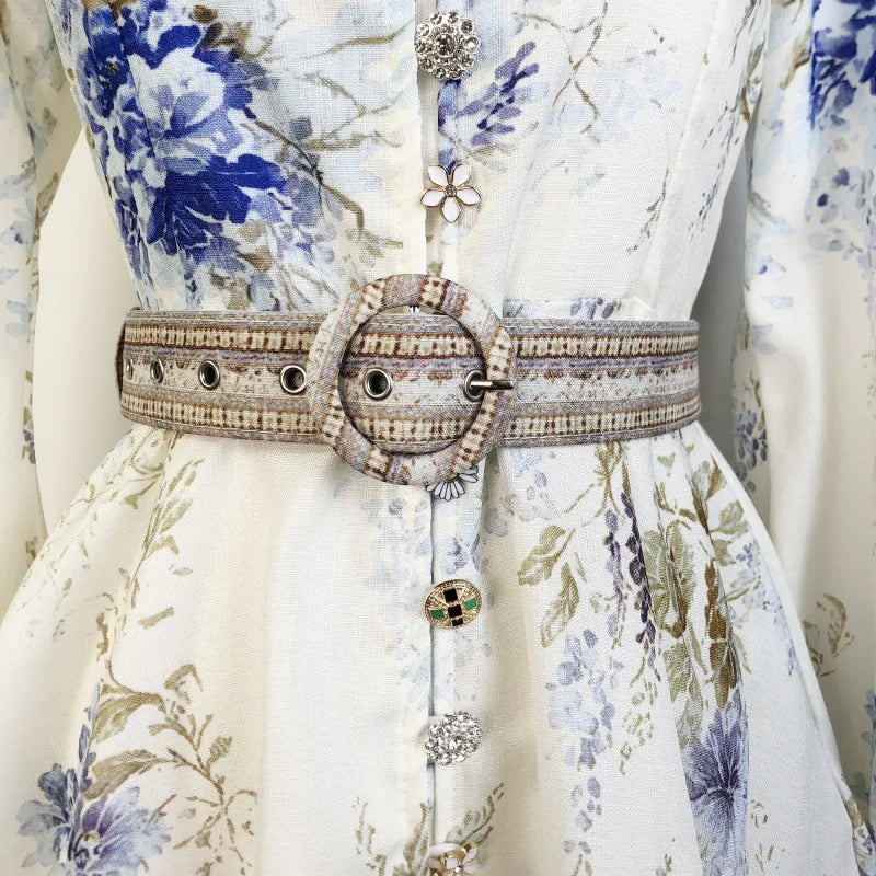 Real Shot In Stock 2025 Spring Summer New Printed Single-Breasted Exquisite Flower Button Short A-Line Dress + Belt