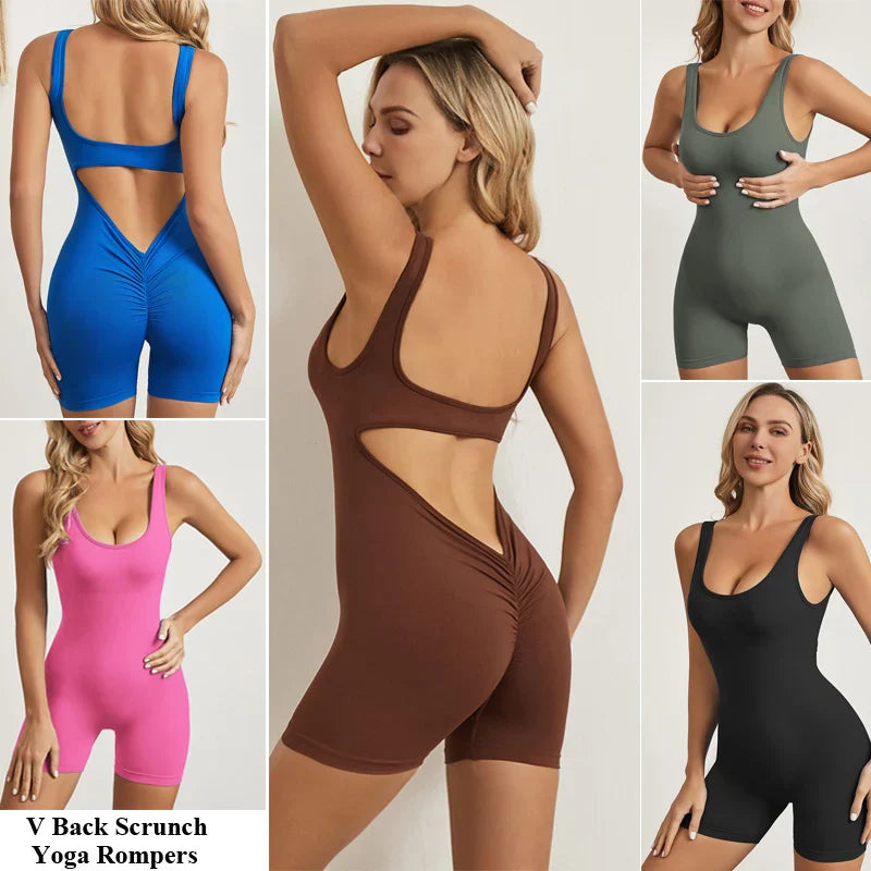 VITALINOVO Backless Workout Jumpsuits for Women Tummy Control One Piece Jumpsuits Seamless Padded V Back Scrunch Yoga Rompers