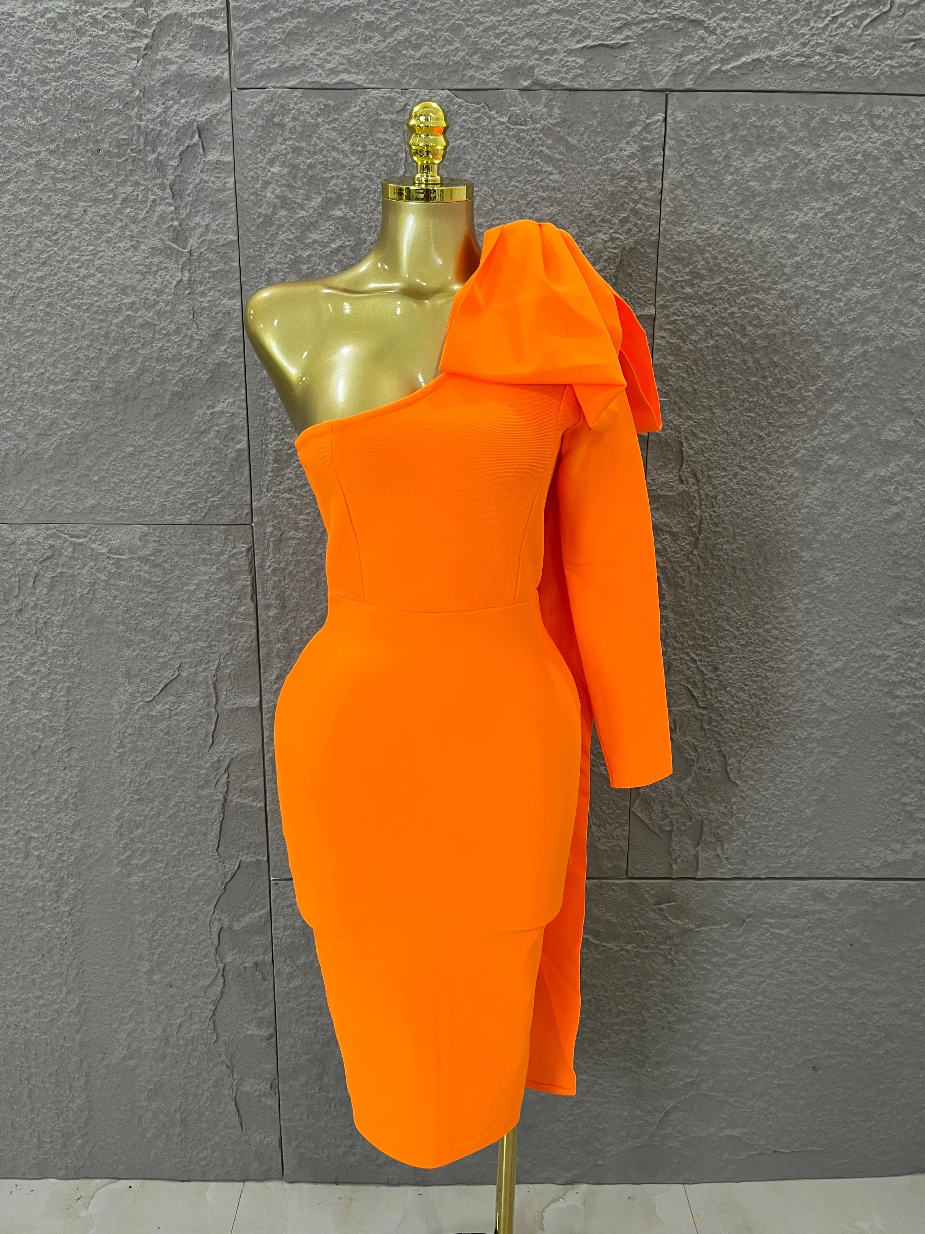Vibrant Orange Single Sleeve Bow Shoulder Bandage Dress Slim Fit Midi Evening Birthday Nightclub Banquet Formal Dinner Outfit