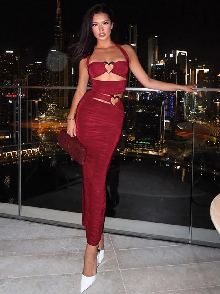 Sexy Slim Hollow Out Skirt Two Pieces Sets For Women Love Metal Buckle Halter Tops And Long Skirt Two Pieces Sets