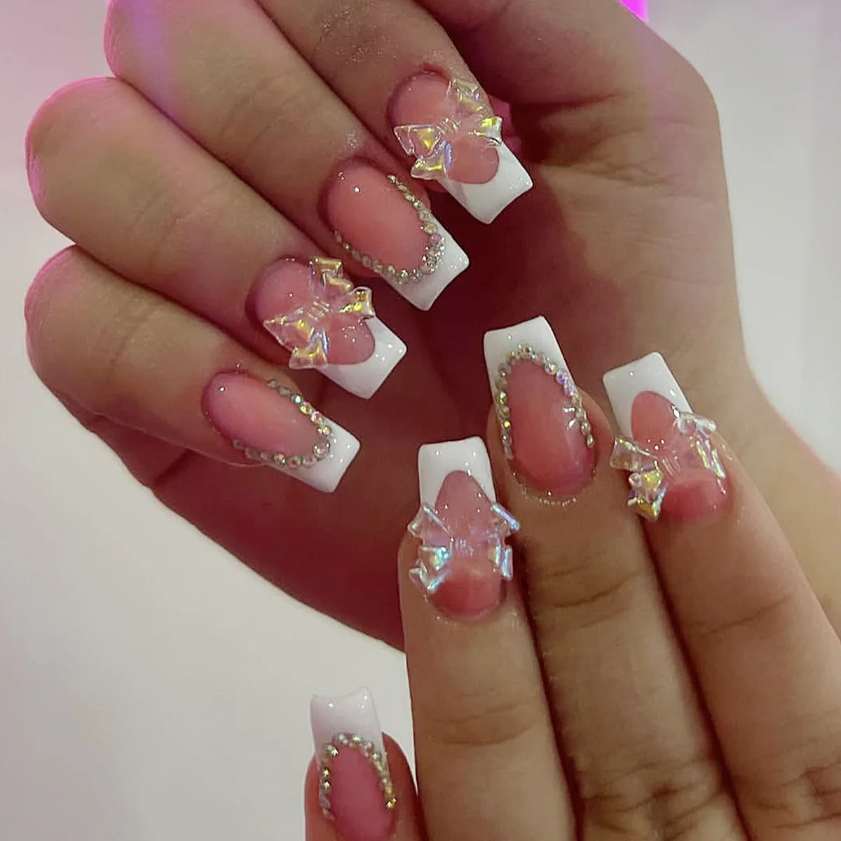 24Pcs French Black Press on Nails Mid-length Square Head Fake Nails with 3D Bow Tie Rhinestone Wearable Finished False Nail Tips 7