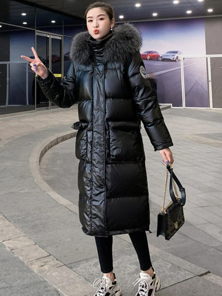 Woman Winter Parkas New Glossy Wash Free Down Cotton Jacket Below The Knees Long Style Hooded Fur Collar Thicken Women's Coat Black