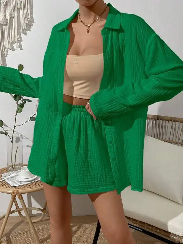 100% Cotton Gauze Muslin Sets For Women 2 Pieces Long Sleeve Shirts And Loose High Waist Mini Shorts Sets Ensemble Femme green