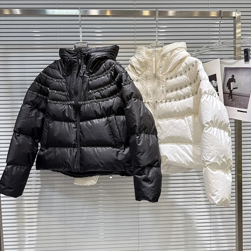 Winter New Heavy Industry Diamond Edge Pleated Hooded Warm Jacket For Women Loose Cotton-padded Coat Female 11A07830