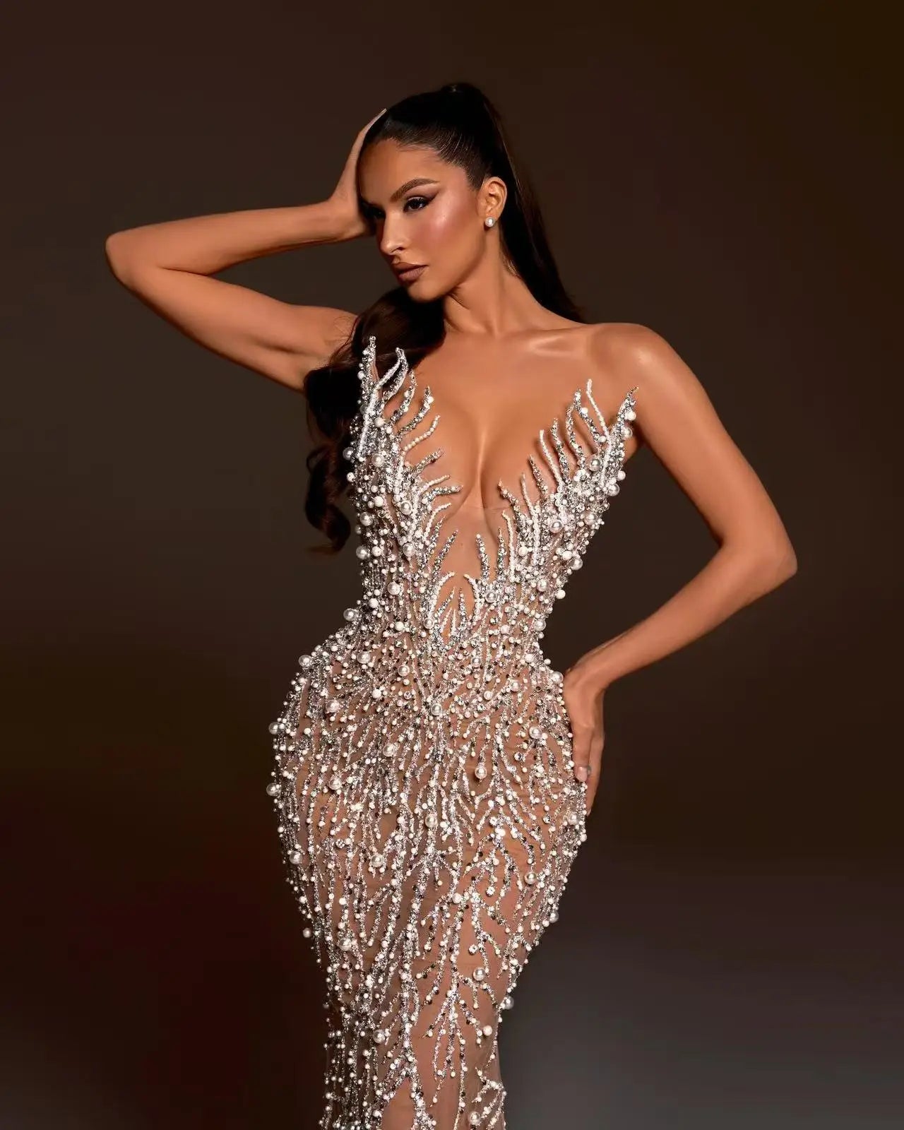 Haute couture Wedding Party dress Sequin embroidery Pearl Beading Sexy V-Neck Strapless Dress Celebrity Birthday Party Outfit