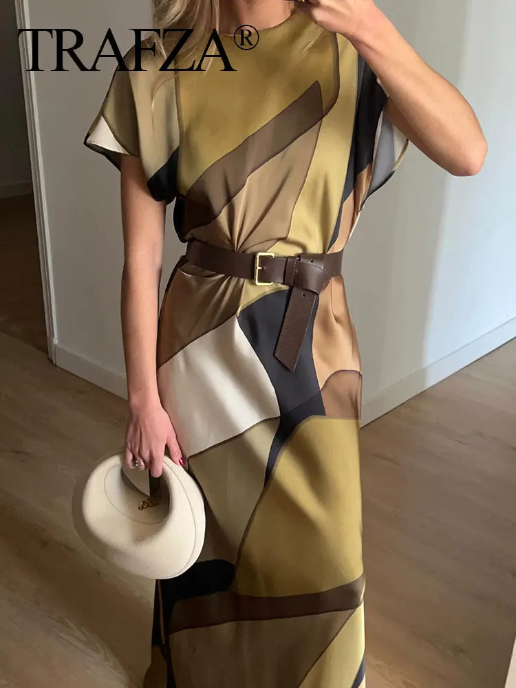 TRAFZA New Summer Women's Long Dress Print O-Neck Short Sleeves Back Hollow Out Vinatge Chic Pleats Loose Female Dresses