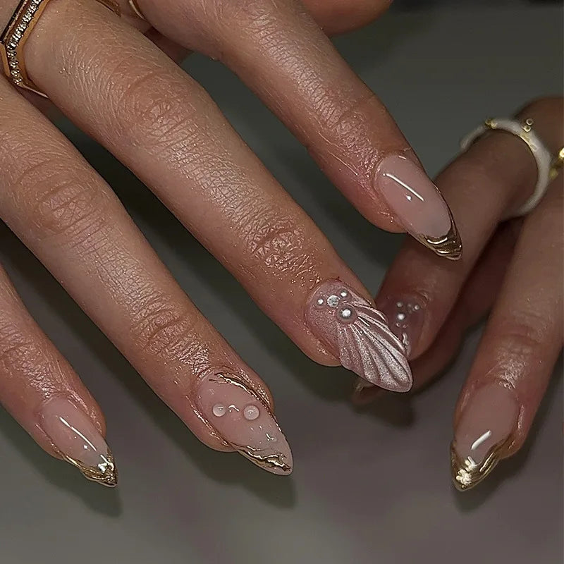 24Pcs Simple French Nails Art Tips Fake Nails 3D Design Wearable Full Cover False Nail Mid-length Almond Reusable Press on Nails 934