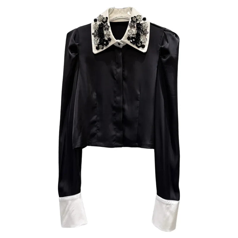 Winter New Elegant Fashion Sequin Embroidery Flower Collar Contrast Heavy Industry Shirt For Women Casual Top 11A07560