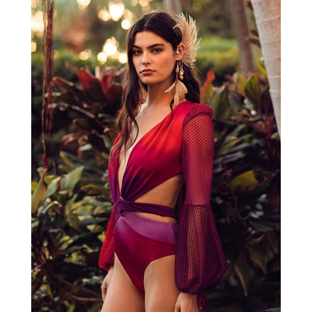 V- Neck One Piece Swimsuit Mesh Long Sleeve Swimwear Women Monokini Sexy Print Bathing Suit Backless Beachwear bikini