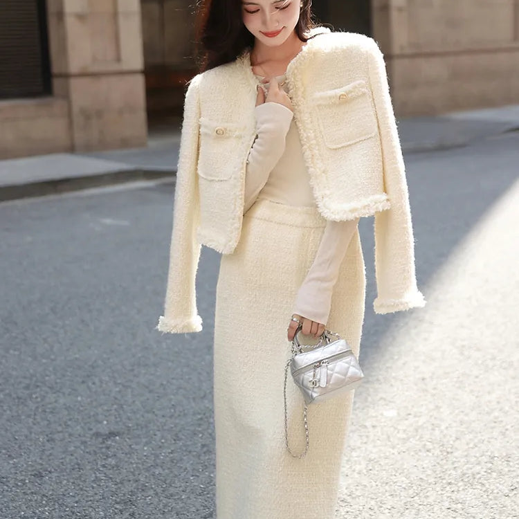 Tweed jacket + Skirt Suit White fashion Professional Set slimming new Women's Suit Autumn/Winter White 2-Piece Set White