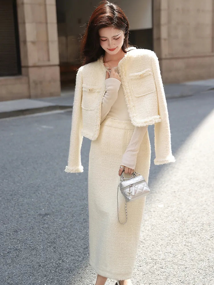 Tweed jacket + Skirt Suit White fashion Professional Set slimming new Women's Suit Autumn/Winter White 2-Piece Set White
