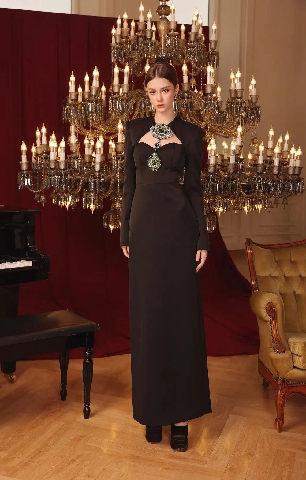 Top Women Long Sleeve Shinning Crystal Keyholes Bodycon Bandage Long Dress Elegant Evening Party Celebrate Outfit