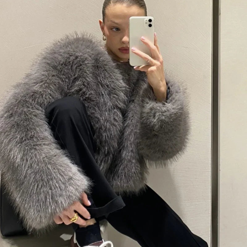 Short Faux Fur Coats Women Plush Autumn Winter O-neck Open Stitch Loose Women's Coat Long Sleeve Casual Jacket Female Streetwear