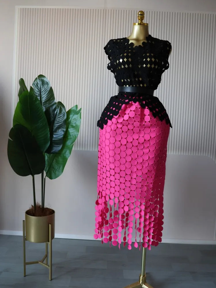 CM.YAYA Women Cutout O-neck Crop Top and Bodycon Midi Slim Maxi Long Skirt Suit 2025 Summer Vacation Sexy Two 2Piece Set Outfits