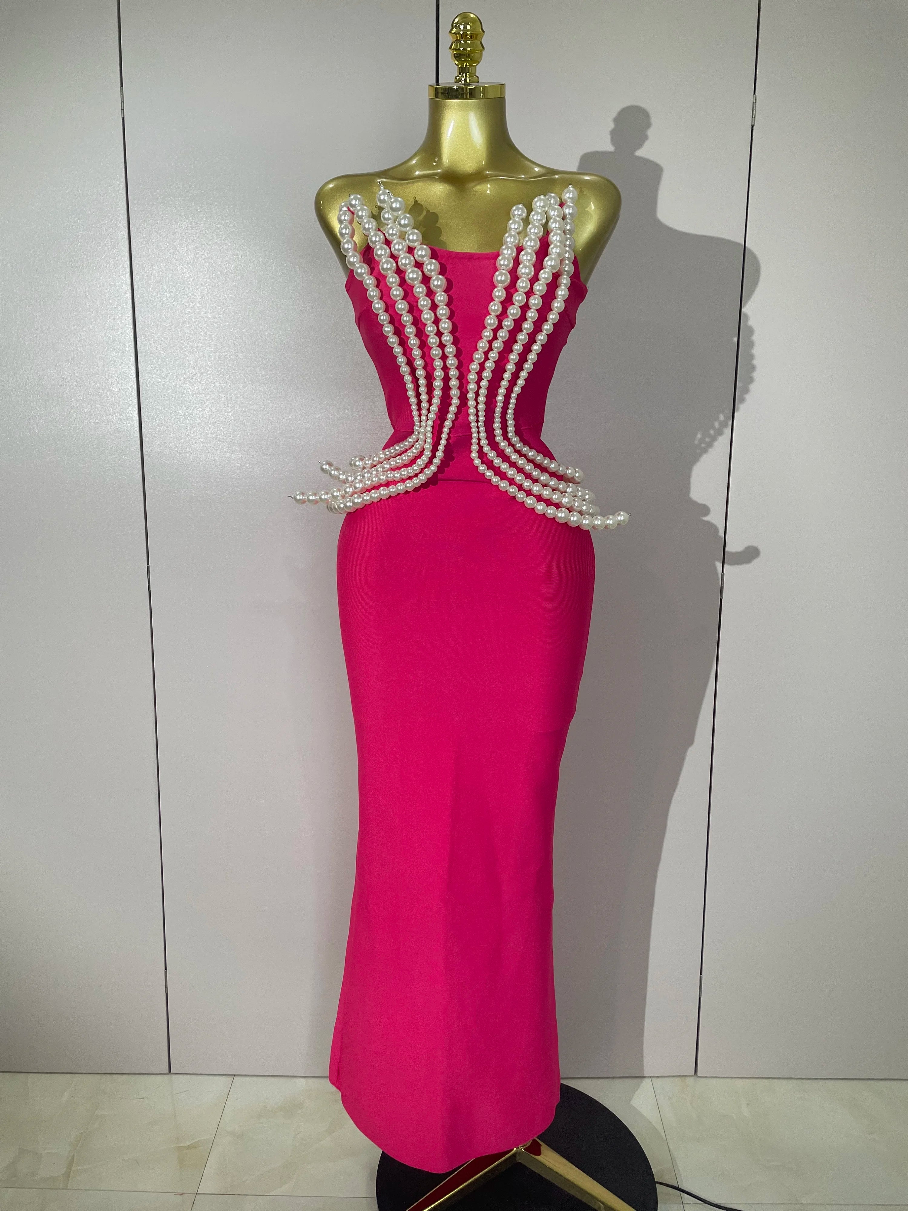 2025 New Sexy Strapless Pearl Beading Bodycon Long Bandage Dress Women Fashion Elegant Evening Party Luxury Birthday Dresses Rose Red