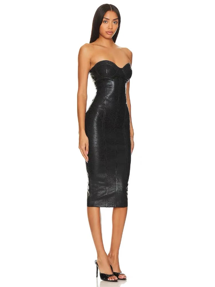 Black Foil Color Women Sexy Strapless Bodycon Bandage Dress Fashion Celebrate Evening Party Birthday Photo Shoot Dress