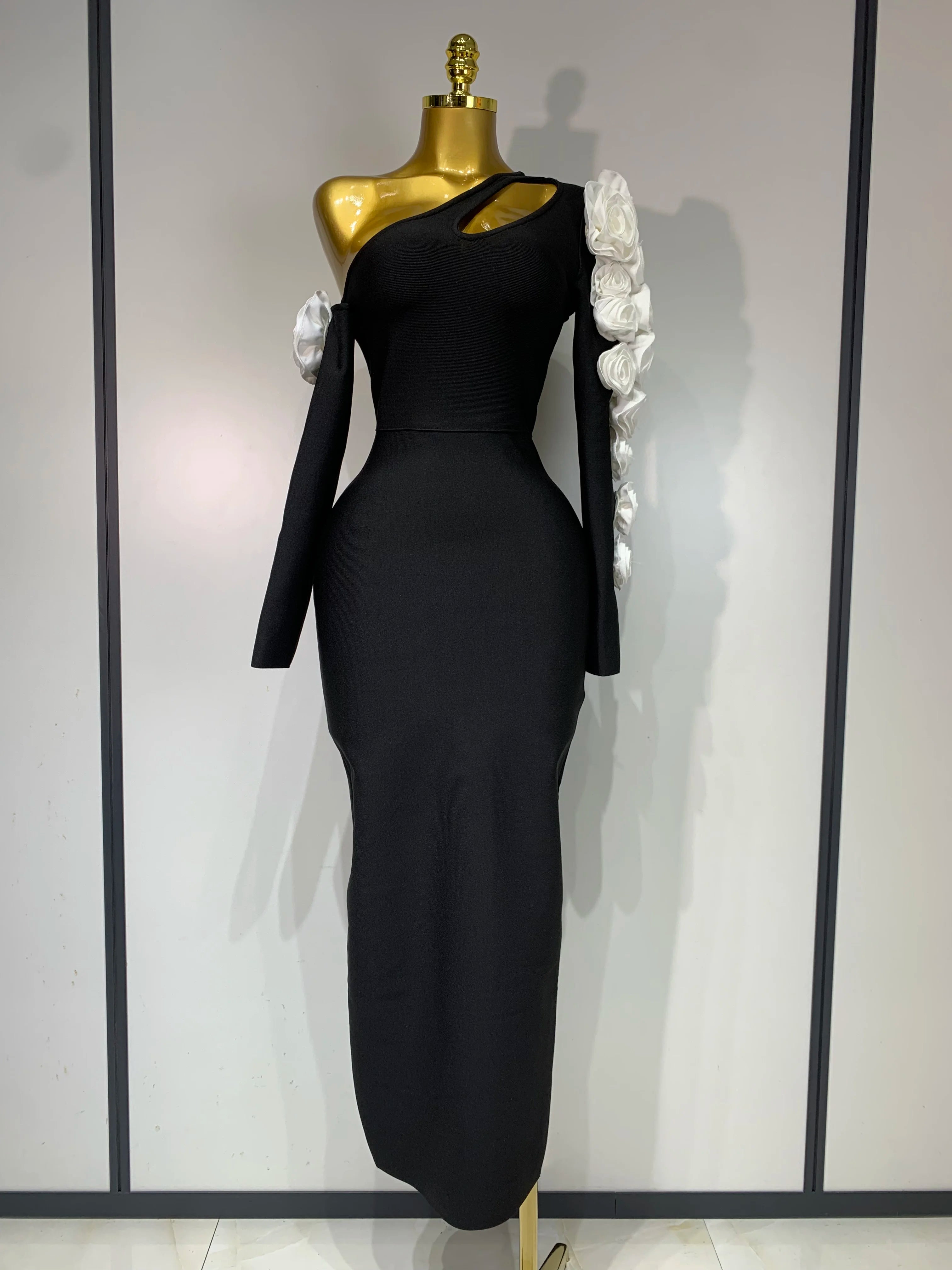 Women Sexy One Shoulder Cut Out Flower Maxi Long Bodycon Bandage Dress Celebrity Elegant Evening Club Birthday Party Dresses black