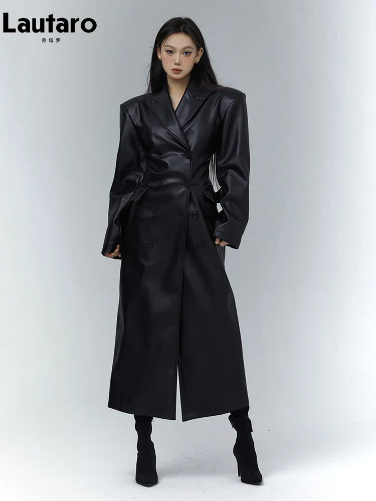 Spring Autumn Long Black Fitted Soft Pu Leather Trench Coat for Women with Shoulder Pads Luxury Designer Clothing 2023