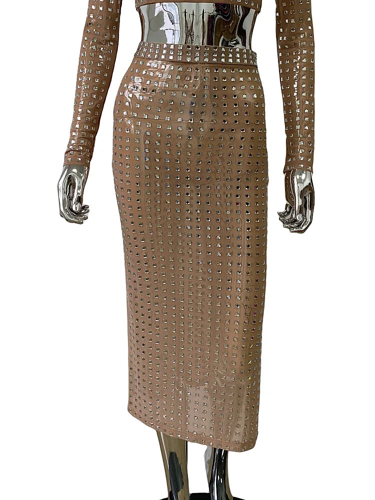 STOCK Sparkling square Diamonds Sexy Mesh See Through Top And Skirt Woman Fashion Set High Street Wear Evening Party Outfit khaki Skirt