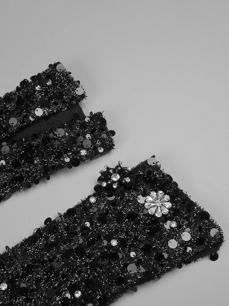 Black Sequins Sweet Heart Neckline Long Dress Hollow Out Low Cut Long Sleeves Diamond Flowers Details Bodycon Evening Gown