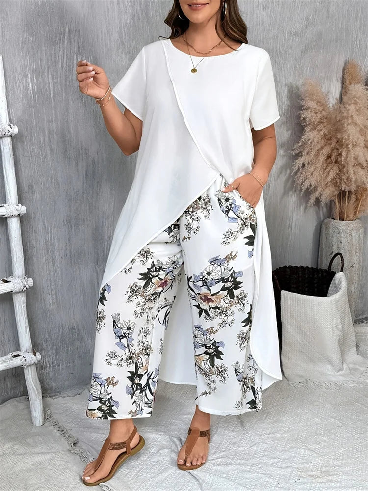 Wmstar Plus Size Two Piece Sets Women Wholesale Long Top and Print Wide Leg Summer Matching Suit Fashion Street Wear 2025 WHITE