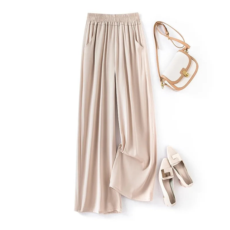 Women's Fashion Spring/Summer New Commuter 96%Natural Mulberry Silk Elastic Double Qiao Beige Wide Leg Casual Pants