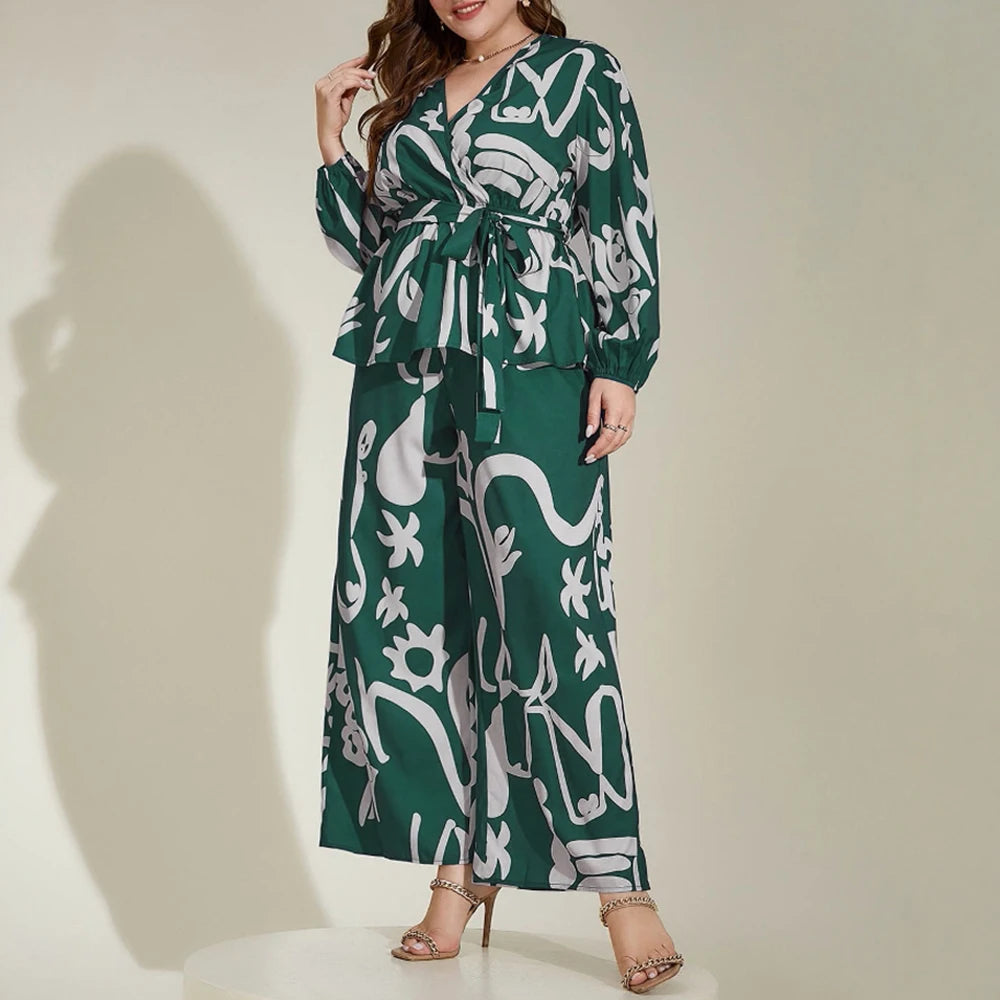 Plus Size Rafiah Women's Summer Sets 2025 Daily Long Sleeve V-Neck Top Full Length High Waist Pants Full Print Casual Sets Trekking Green