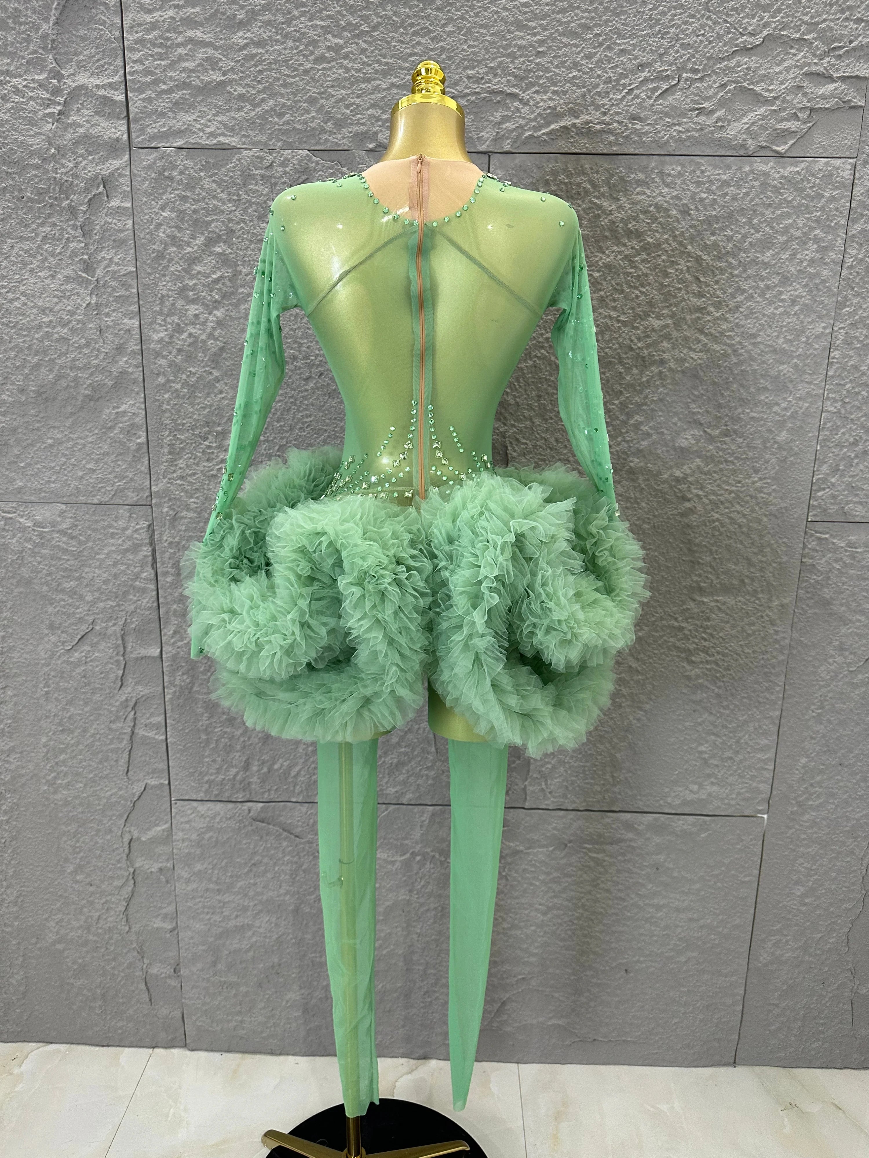 Sparkly Green Long Sleeve Bodysuit Women Stage Performance Sheer Mesh Rhinestone Embellished Ruffle Tulle Latin Dance Costume